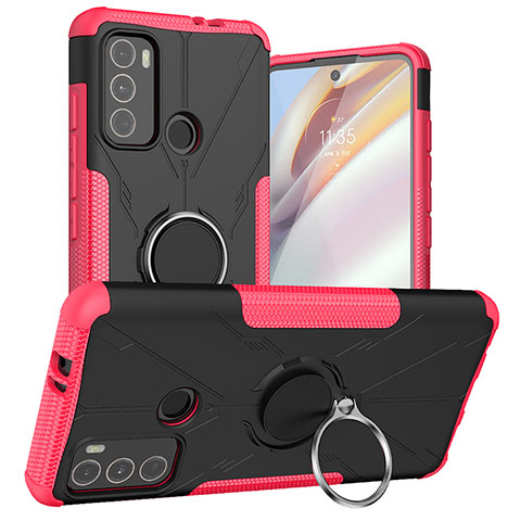 Silikon Hülle Handyhülle und Kunststoff Schutzhülle Hartschalen Tasche mit Magnetisch Fingerring Ständer S02 für Motorola Moto G40 Fusion Pink