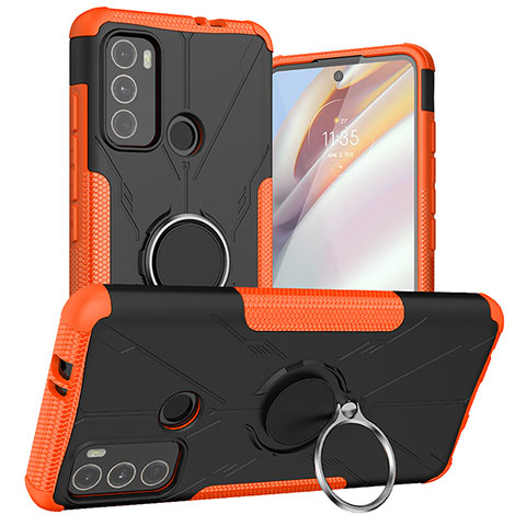 Silikon Hülle Handyhülle und Kunststoff Schutzhülle Hartschalen Tasche mit Magnetisch Fingerring Ständer S02 für Motorola Moto G60 Orange