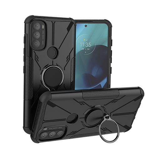 Silikon Hülle Handyhülle und Kunststoff Schutzhülle Hartschalen Tasche mit Magnetisch Fingerring Ständer S02 für Motorola Moto G71 5G Schwarz