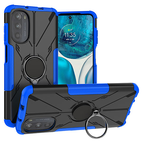 Silikon Hülle Handyhülle und Kunststoff Schutzhülle Hartschalen Tasche mit Magnetisch Fingerring Ständer S02 für Motorola Moto G71s 5G Blau