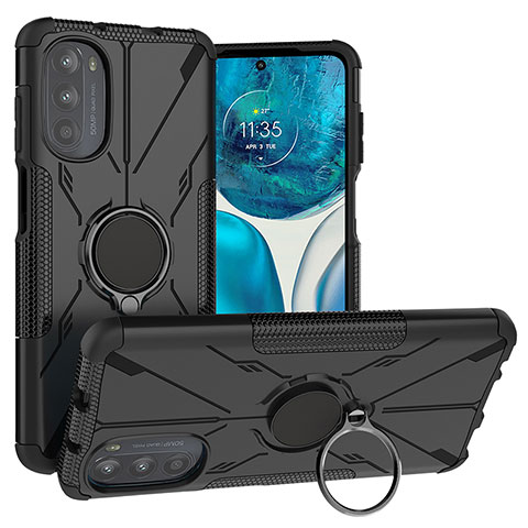 Silikon Hülle Handyhülle und Kunststoff Schutzhülle Hartschalen Tasche mit Magnetisch Fingerring Ständer S02 für Motorola Moto G71s 5G Schwarz