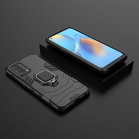 Silikon Hülle Handyhülle und Kunststoff Schutzhülle Hartschalen Tasche mit Magnetisch Fingerring Ständer S02 für Oppo A74 4G Schwarz