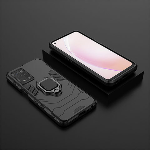 Silikon Hülle Handyhülle und Kunststoff Schutzhülle Hartschalen Tasche mit Magnetisch Fingerring Ständer S02 für Oppo A93s 5G Schwarz