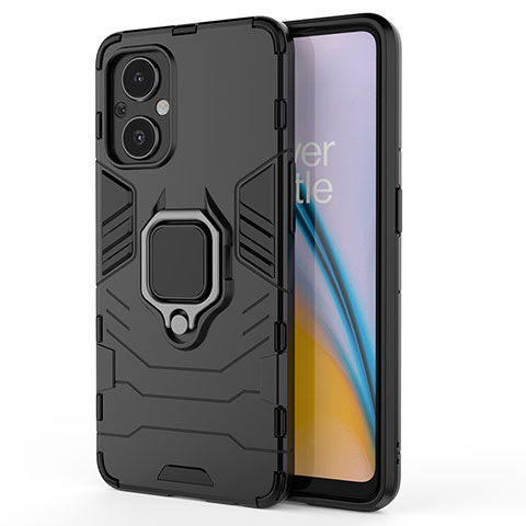 Silikon Hülle Handyhülle und Kunststoff Schutzhülle Hartschalen Tasche mit Magnetisch Fingerring Ständer S02 für Oppo A96 5G Schwarz