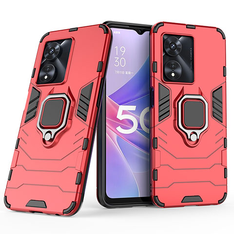 Silikon Hülle Handyhülle und Kunststoff Schutzhülle Hartschalen Tasche mit Magnetisch Fingerring Ständer S02 für Oppo A97 5G Rot