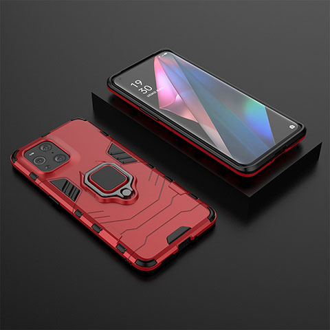 Silikon Hülle Handyhülle und Kunststoff Schutzhülle Hartschalen Tasche mit Magnetisch Fingerring Ständer S02 für Oppo Find X3 Pro 5G Rot