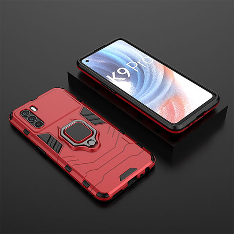 Silikon Hülle Handyhülle und Kunststoff Schutzhülle Hartschalen Tasche mit Magnetisch Fingerring Ständer S02 für Oppo K9 Pro 5G Rot