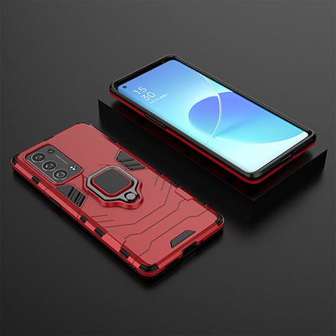 Silikon Hülle Handyhülle und Kunststoff Schutzhülle Hartschalen Tasche mit Magnetisch Fingerring Ständer S02 für Oppo Reno6 Pro+ Plus 5G Rot