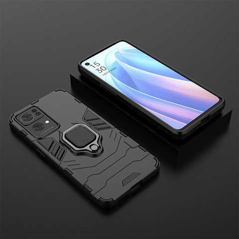 Silikon Hülle Handyhülle und Kunststoff Schutzhülle Hartschalen Tasche mit Magnetisch Fingerring Ständer S02 für Oppo Reno7 Pro 5G Schwarz