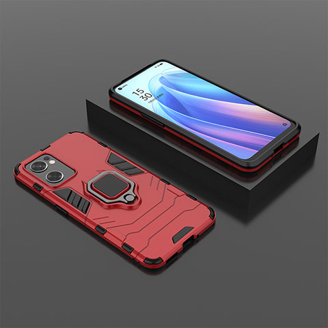 Silikon Hülle Handyhülle und Kunststoff Schutzhülle Hartschalen Tasche mit Magnetisch Fingerring Ständer S02 für Oppo Reno7 SE 5G Rot