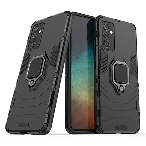 Silikon Hülle Handyhülle und Kunststoff Schutzhülle Hartschalen Tasche mit Magnetisch Fingerring Ständer S02 für Samsung Galaxy A05s Schwarz