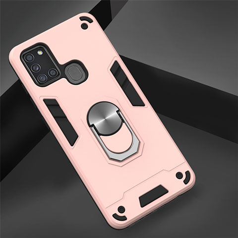 Silikon Hülle Handyhülle und Kunststoff Schutzhülle Hartschalen Tasche mit Magnetisch Fingerring Ständer S02 für Samsung Galaxy A21s Rosegold