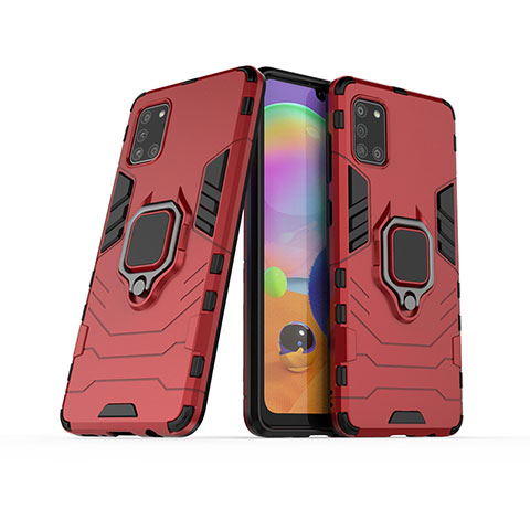 Silikon Hülle Handyhülle und Kunststoff Schutzhülle Hartschalen Tasche mit Magnetisch Fingerring Ständer S02 für Samsung Galaxy A31 Rot