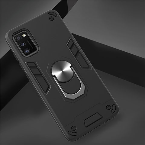 Silikon Hülle Handyhülle und Kunststoff Schutzhülle Hartschalen Tasche mit Magnetisch Fingerring Ständer S02 für Samsung Galaxy A41 Schwarz