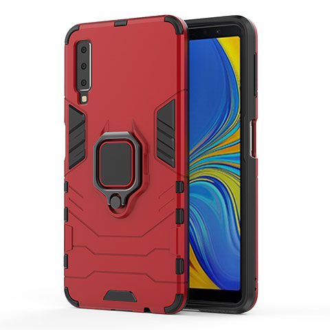 Silikon Hülle Handyhülle und Kunststoff Schutzhülle Hartschalen Tasche mit Magnetisch Fingerring Ständer S02 für Samsung Galaxy A7 (2018) A750 Rot