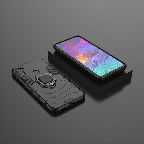 Silikon Hülle Handyhülle und Kunststoff Schutzhülle Hartschalen Tasche mit Magnetisch Fingerring Ständer S02 für Samsung Galaxy M11 Schwarz