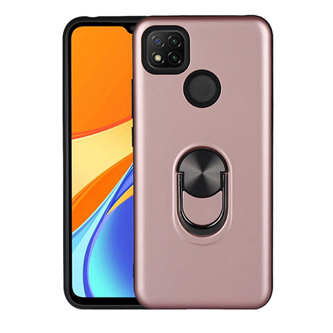 Silikon Hülle Handyhülle und Kunststoff Schutzhülle Hartschalen Tasche mit Magnetisch Fingerring Ständer S02 für Xiaomi Redmi 9C NFC Rosegold