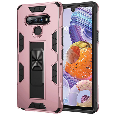 Silikon Hülle Handyhülle und Kunststoff Schutzhülle Hartschalen Tasche mit Magnetisch Fingerring Ständer S03 für LG Stylo 6 Rosegold