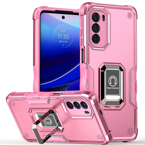 Silikon Hülle Handyhülle und Kunststoff Schutzhülle Hartschalen Tasche mit Magnetisch Fingerring Ständer S03 für Motorola Moto Edge (2022) 5G Pink