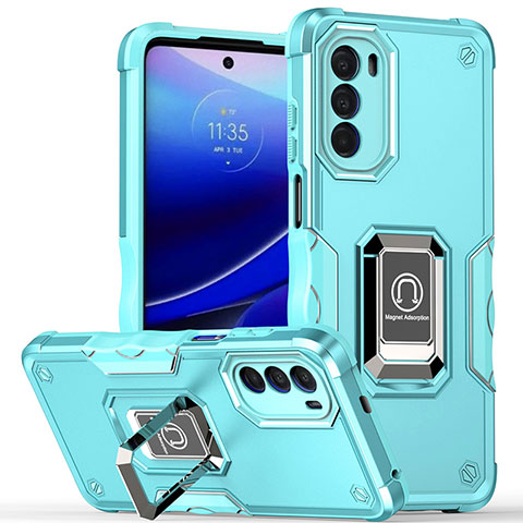 Silikon Hülle Handyhülle und Kunststoff Schutzhülle Hartschalen Tasche mit Magnetisch Fingerring Ständer S03 für Motorola Moto G71s 5G Cyan