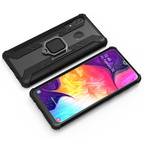 Silikon Hülle Handyhülle und Kunststoff Schutzhülle Hartschalen Tasche mit Magnetisch Fingerring Ständer S03 für Samsung Galaxy A20 Schwarz