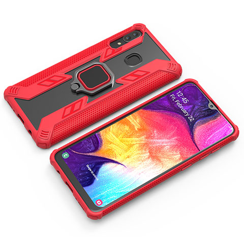 Silikon Hülle Handyhülle und Kunststoff Schutzhülle Hartschalen Tasche mit Magnetisch Fingerring Ständer S03 für Samsung Galaxy A30 Rot