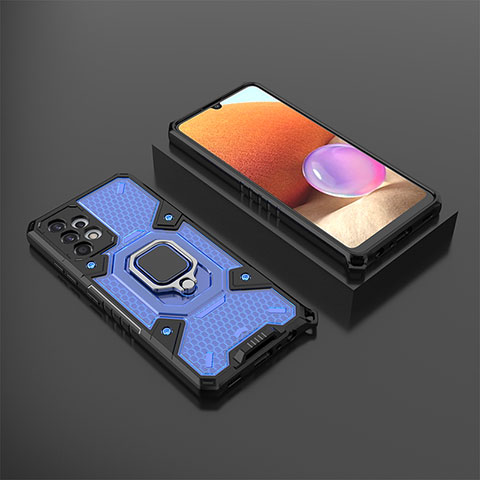 Silikon Hülle Handyhülle und Kunststoff Schutzhülle Hartschalen Tasche mit Magnetisch Fingerring Ständer S03 für Samsung Galaxy A32 4G Blau