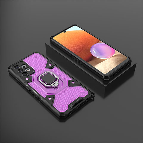 Silikon Hülle Handyhülle und Kunststoff Schutzhülle Hartschalen Tasche mit Magnetisch Fingerring Ständer S03 für Samsung Galaxy A32 4G Violett