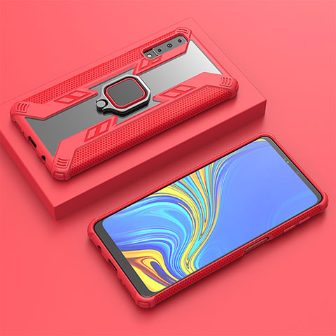Silikon Hülle Handyhülle und Kunststoff Schutzhülle Hartschalen Tasche mit Magnetisch Fingerring Ständer S03 für Samsung Galaxy A7 (2018) A750 Rot