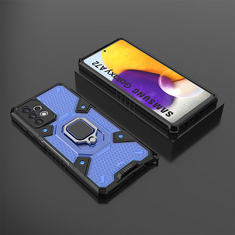 Silikon Hülle Handyhülle und Kunststoff Schutzhülle Hartschalen Tasche mit Magnetisch Fingerring Ständer S03 für Samsung Galaxy A72 4G Blau