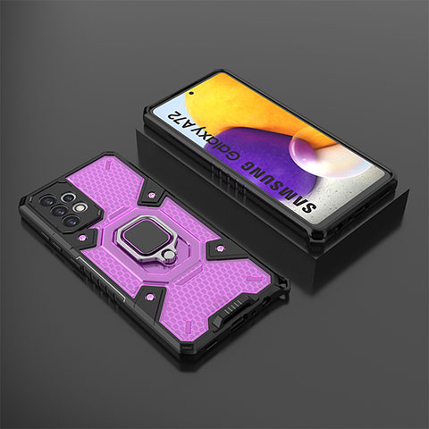 Silikon Hülle Handyhülle und Kunststoff Schutzhülle Hartschalen Tasche mit Magnetisch Fingerring Ständer S03 für Samsung Galaxy A72 4G Violett