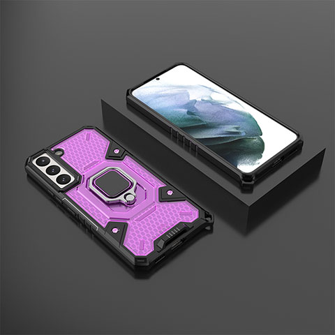 Silikon Hülle Handyhülle und Kunststoff Schutzhülle Hartschalen Tasche mit Magnetisch Fingerring Ständer S03 für Samsung Galaxy S22 5G Violett