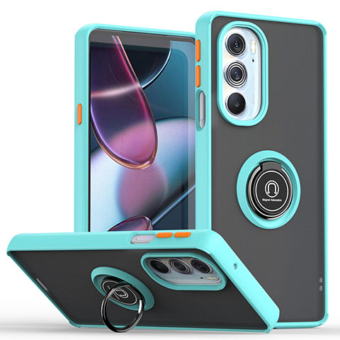 Silikon Hülle Handyhülle und Kunststoff Schutzhülle Hartschalen Tasche mit Magnetisch Fingerring Ständer S04 für Motorola Moto Edge 30 Pro 5G Cyan