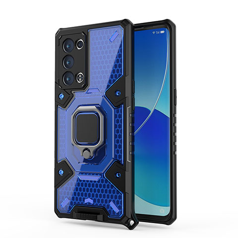 Silikon Hülle Handyhülle und Kunststoff Schutzhülle Hartschalen Tasche mit Magnetisch Fingerring Ständer S04 für Oppo Reno6 Pro 5G Blau