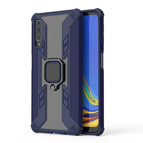 Silikon Hülle Handyhülle und Kunststoff Schutzhülle Hartschalen Tasche mit Magnetisch Fingerring Ständer S04 für Samsung Galaxy A7 (2018) A750 Blau