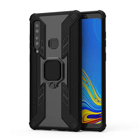 Silikon Hülle Handyhülle und Kunststoff Schutzhülle Hartschalen Tasche mit Magnetisch Fingerring Ständer S04 für Samsung Galaxy A9 (2018) A920 Schwarz