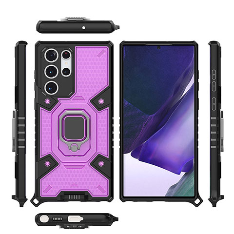 Silikon Hülle Handyhülle und Kunststoff Schutzhülle Hartschalen Tasche mit Magnetisch Fingerring Ständer S04 für Samsung Galaxy S23 Ultra 5G Violett