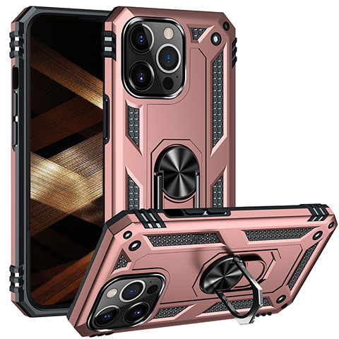 Silikon Hülle Handyhülle und Kunststoff Schutzhülle Hartschalen Tasche mit Magnetisch Fingerring Ständer S05 für Apple iPhone 15 Pro Max Rosegold