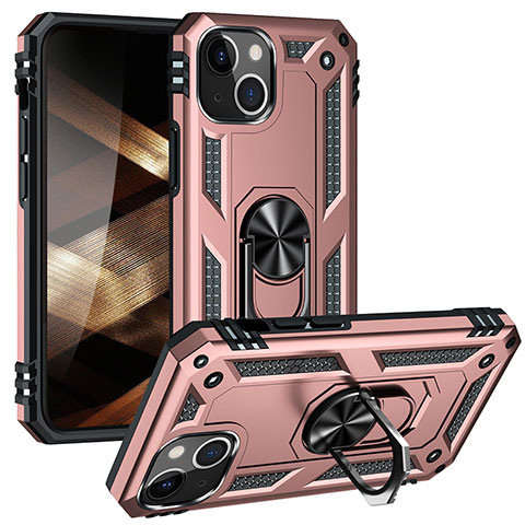 Silikon Hülle Handyhülle und Kunststoff Schutzhülle Hartschalen Tasche mit Magnetisch Fingerring Ständer S05 für Apple iPhone 15 Rosegold