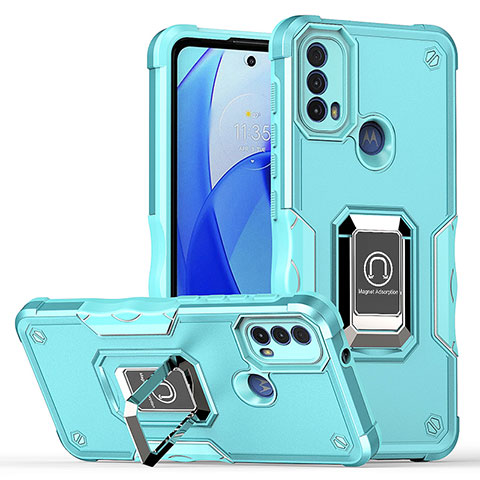 Silikon Hülle Handyhülle und Kunststoff Schutzhülle Hartschalen Tasche mit Magnetisch Fingerring Ständer S05 für Motorola Moto E20 Cyan