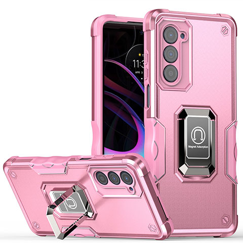 Silikon Hülle Handyhülle und Kunststoff Schutzhülle Hartschalen Tasche mit Magnetisch Fingerring Ständer S05 für Motorola Moto Edge (2021) 5G Pink