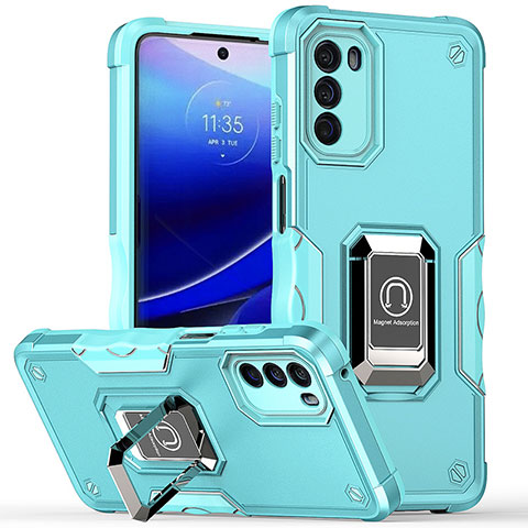 Silikon Hülle Handyhülle und Kunststoff Schutzhülle Hartschalen Tasche mit Magnetisch Fingerring Ständer S05 für Motorola Moto G 5G (2022) Cyan