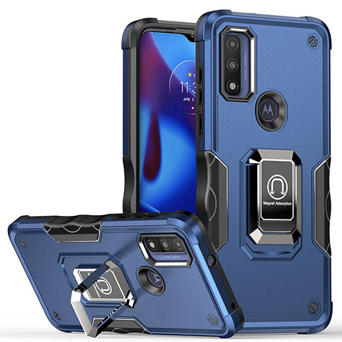 Silikon Hülle Handyhülle und Kunststoff Schutzhülle Hartschalen Tasche mit Magnetisch Fingerring Ständer S05 für Motorola Moto G Pure Blau