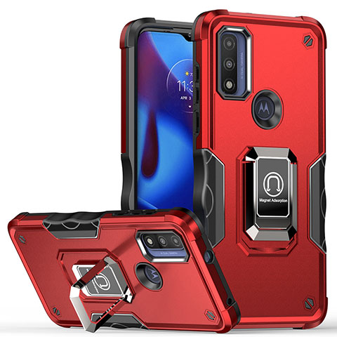 Silikon Hülle Handyhülle und Kunststoff Schutzhülle Hartschalen Tasche mit Magnetisch Fingerring Ständer S05 für Motorola Moto G Pure Rot