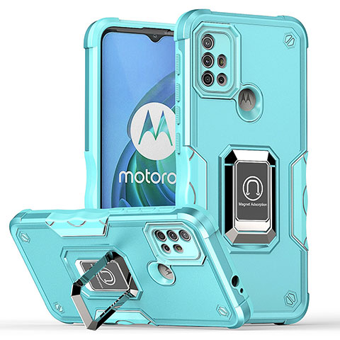 Silikon Hülle Handyhülle und Kunststoff Schutzhülle Hartschalen Tasche mit Magnetisch Fingerring Ständer S05 für Motorola Moto G10 Cyan