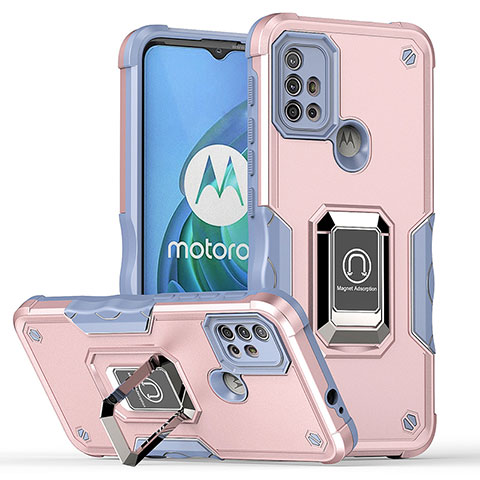 Silikon Hülle Handyhülle und Kunststoff Schutzhülle Hartschalen Tasche mit Magnetisch Fingerring Ständer S05 für Motorola Moto G10 Rosa