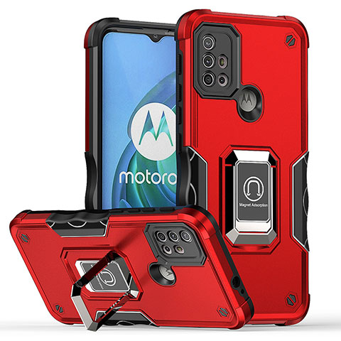 Silikon Hülle Handyhülle und Kunststoff Schutzhülle Hartschalen Tasche mit Magnetisch Fingerring Ständer S05 für Motorola Moto G10 Rot