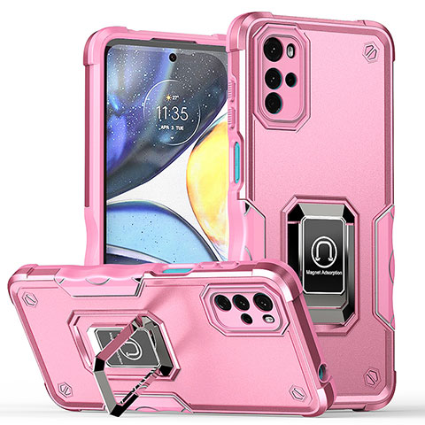 Silikon Hülle Handyhülle und Kunststoff Schutzhülle Hartschalen Tasche mit Magnetisch Fingerring Ständer S05 für Motorola Moto G22 Pink