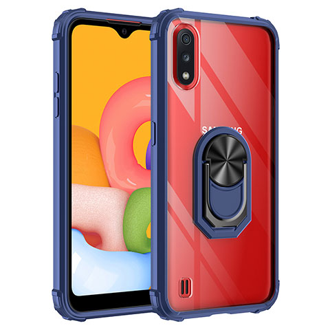 Silikon Hülle Handyhülle und Kunststoff Schutzhülle Hartschalen Tasche mit Magnetisch Fingerring Ständer S05 für Samsung Galaxy A01 SM-A015 Blau