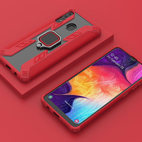 Silikon Hülle Handyhülle und Kunststoff Schutzhülle Hartschalen Tasche mit Magnetisch Fingerring Ständer S05 für Samsung Galaxy A20 Rot